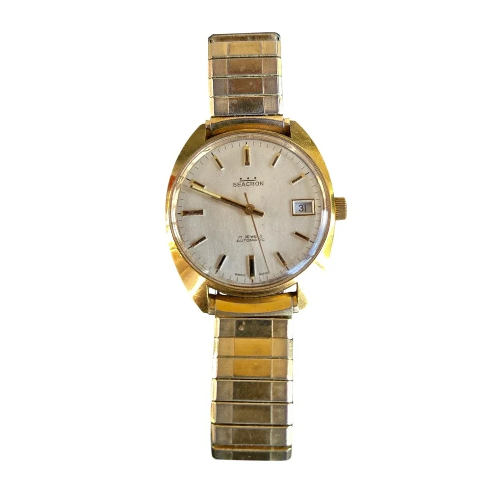 Seacron Automatic 17 Jewels Swiss Made Watch Gold Tone Speidel Band S 6.5 Tested